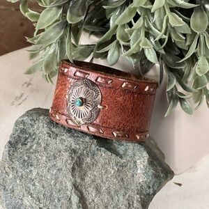 Buckstitch Leather Cuff Bracelet with Sterling Silver and Turquoise